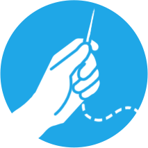 Blue circular icon with hand holding a sewing needle